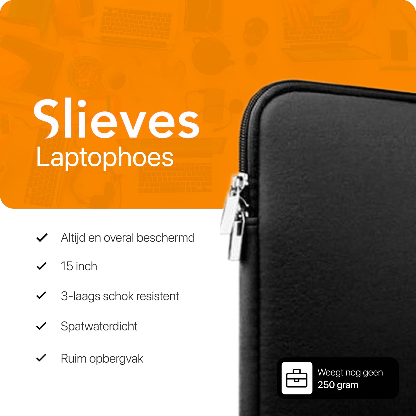 Slieves - Laptophoes - 15.6 inch - Laptop Sleeve - Schok Resistent - met Opbergvak - Neoprene - Zwart