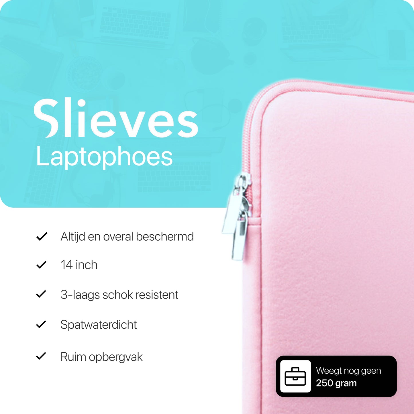 Slieves - Laptophoes - 14 inch - Laptop Sleeve - Schok Resistent - met Opbergvak - Neoprene - Roze