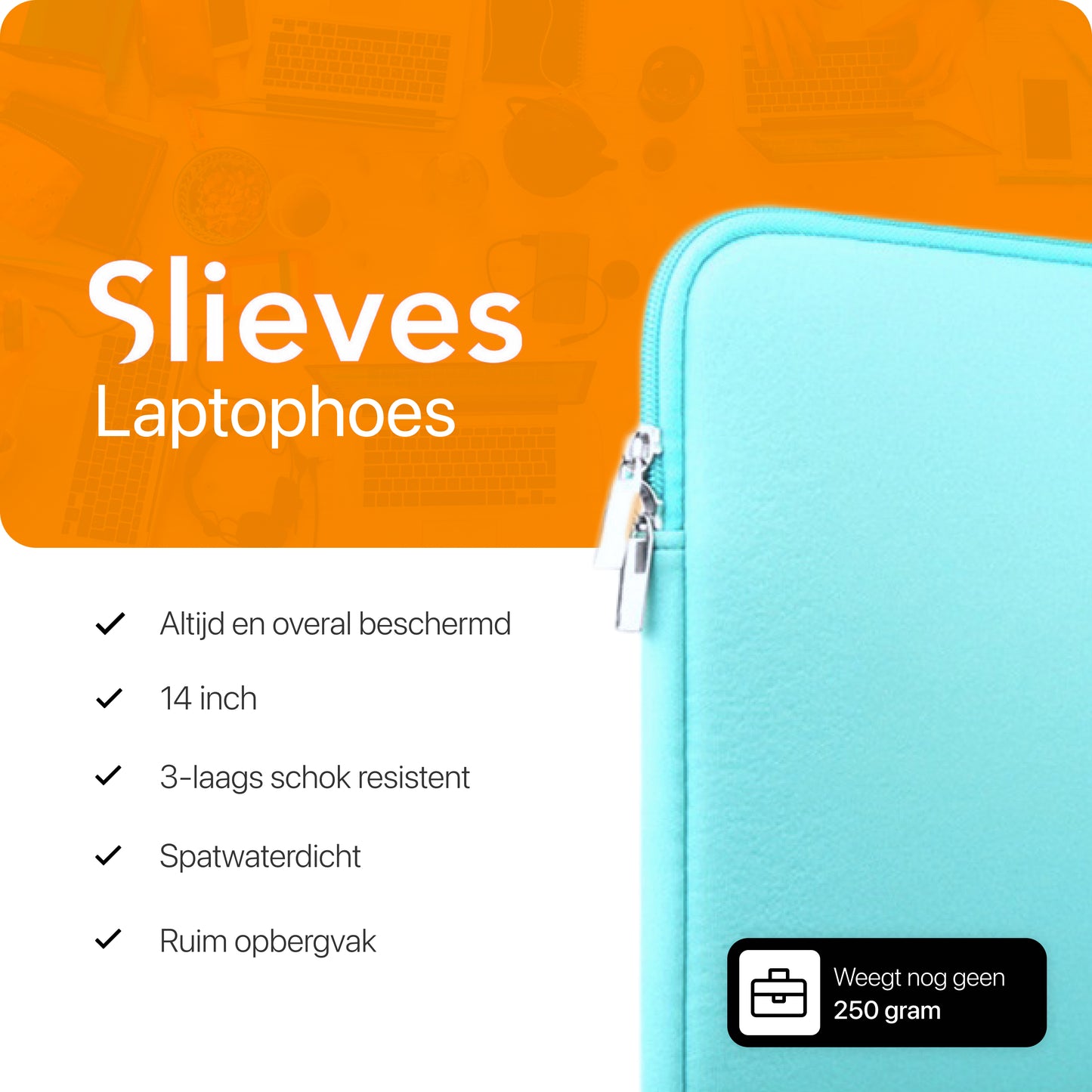 Slieves - Laptophoes - 14 inch - Laptop Sleeve - Schok Resistent - met Opbergvak - Neoprene - Blauw