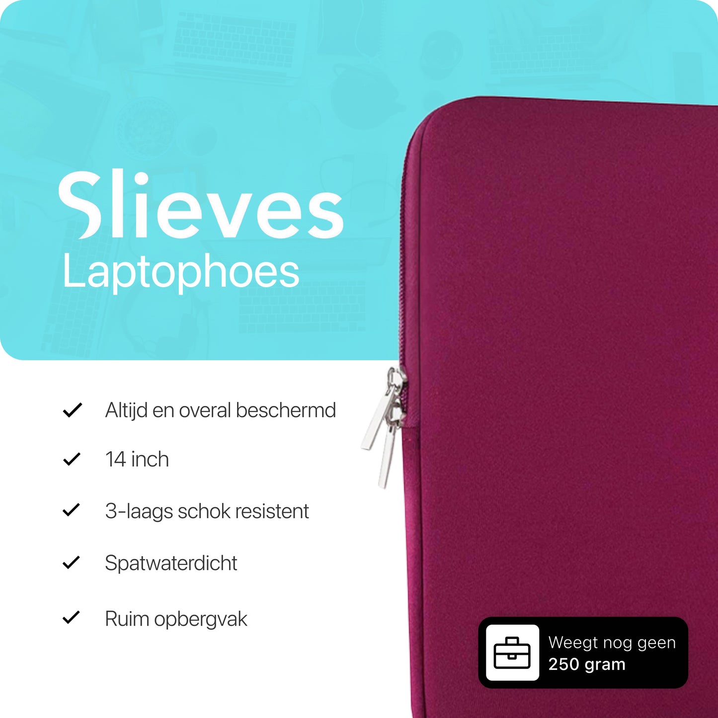 Slieves - Laptophoes - 14 inch - Laptop Sleeve - Schok Resistent - met Opbergvak - Neoprene - Bordeaux