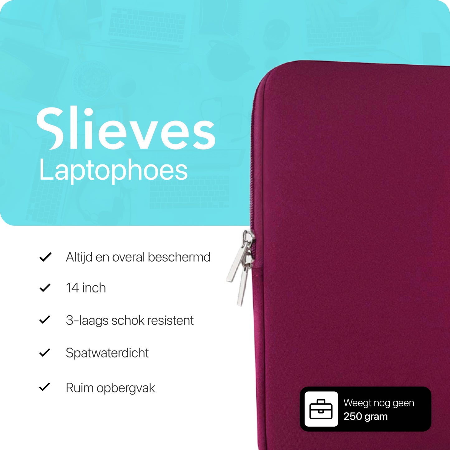 Slieves - Laptophoes - 14 inch - Laptop Sleeve - Schok Resistent - Neoprene - (Spat) Waterdicht - Bordeaux Rood