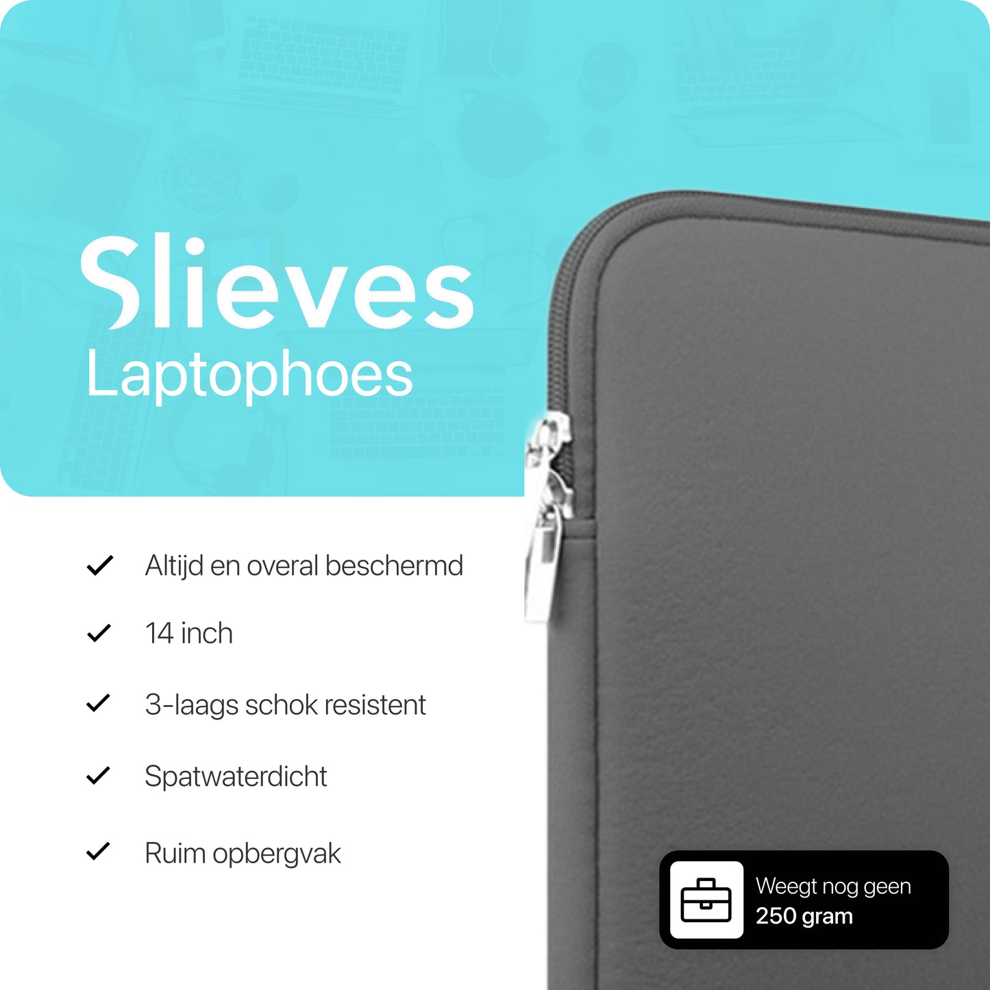 Slieves - Laptophoes - 14 inch - Laptop Sleeve - Schok Resistent - Neoprene - (Spat) Waterdicht - Kiezel Grijs